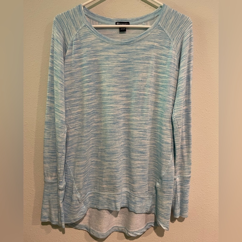 Champion light blue and white high low hem long sleeve shirt. Size M